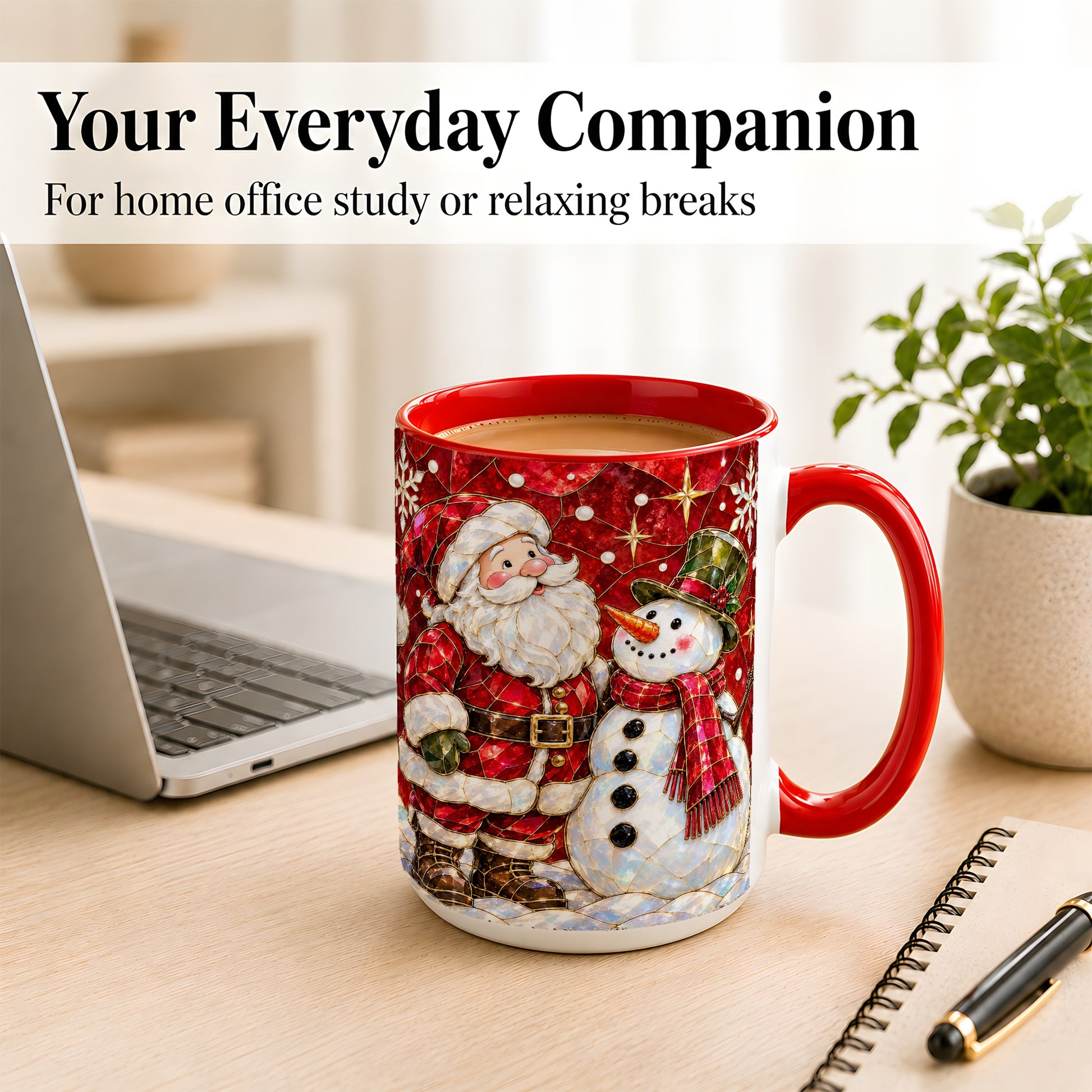 #pl[15oz|Red] Santa and Snowman Coffee Mug, Mosaic Christmas Holiday Mug, Ceramic Cup