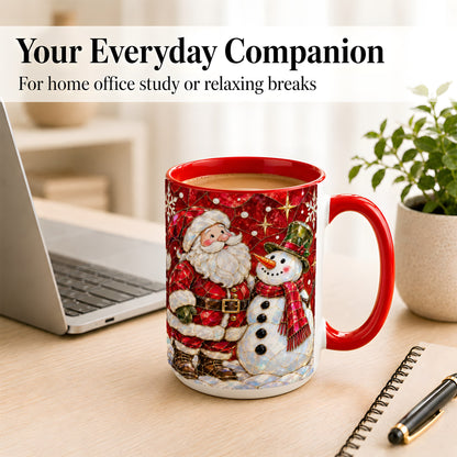 #pl[15oz|Red] Santa and Snowman Coffee Mug, Mosaic Christmas Holiday Mug, Ceramic Cup