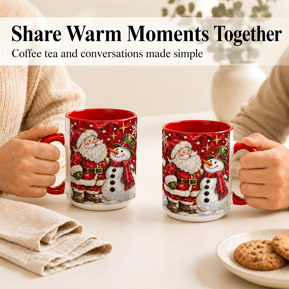 #pl[15oz|Red] Santa and Snowman Coffee Mug, Mosaic Christmas Holiday Mug, Ceramic Cup
