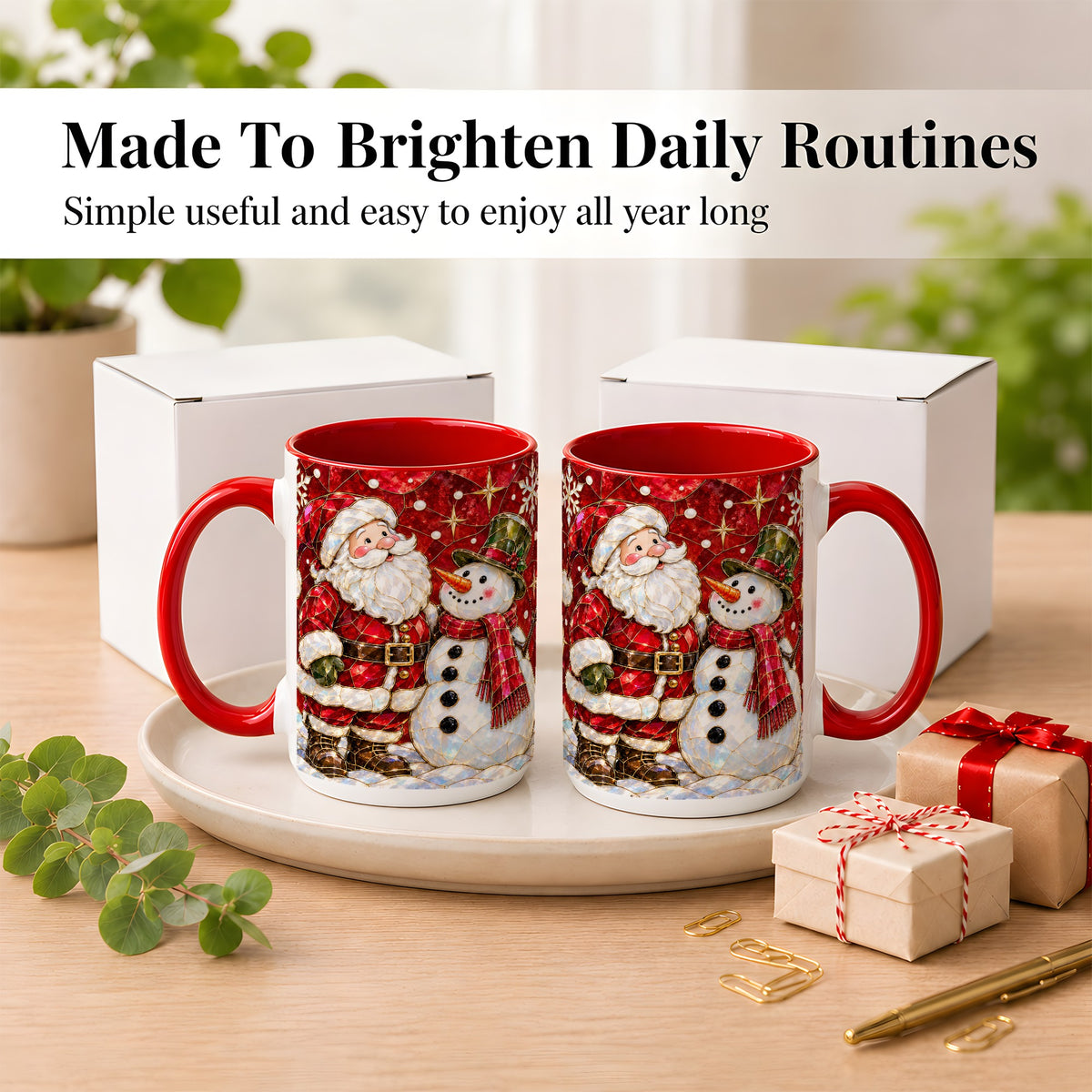 #pl[15oz|Red] Santa and Snowman Coffee Mug, Mosaic Christmas Holiday Mug, Ceramic Cup