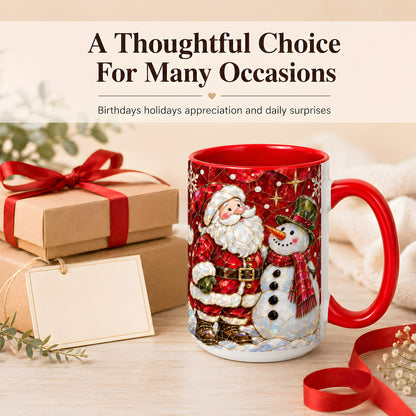 #pl[15oz|Red] Santa and Snowman Coffee Mug, Mosaic Christmas Holiday Mug, Ceramic Cup