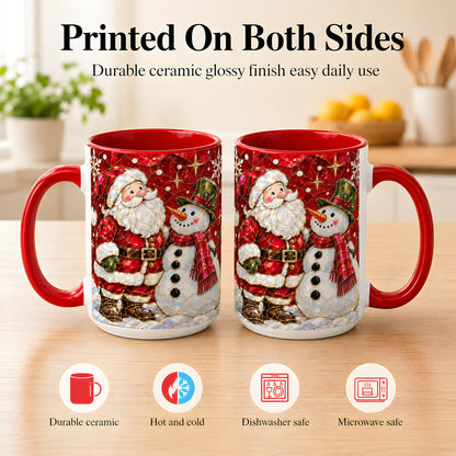 #pl[15oz|Red] Santa and Snowman Coffee Mug, Mosaic Christmas Holiday Mug, Ceramic Cup
