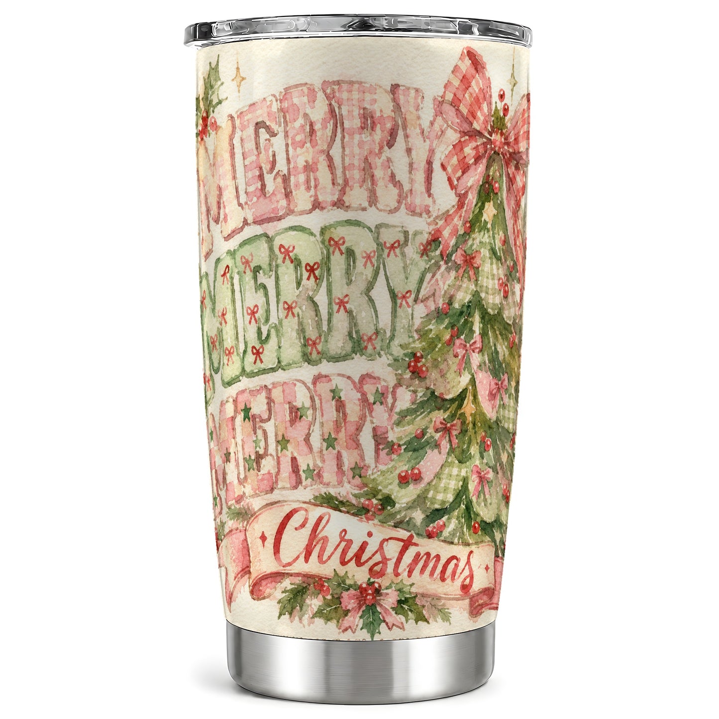 Pink Gingham Tree Tumbler 20oz, Holiday Tumbler, Stainless Steel Travel Cup