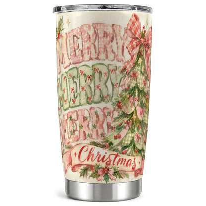 Pink Gingham Tree Tumbler 20oz, Holiday Tumbler, Stainless Steel Travel Cup