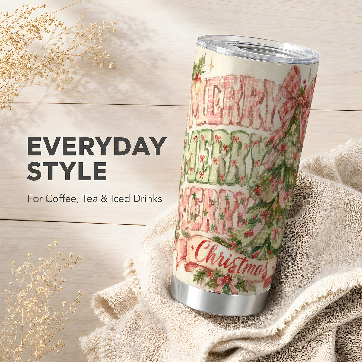 #pl[20oz|Steel] Pink Gingham Tree Tumbler 20oz, Holiday Tumbler, Stainless Steel Travel Cup