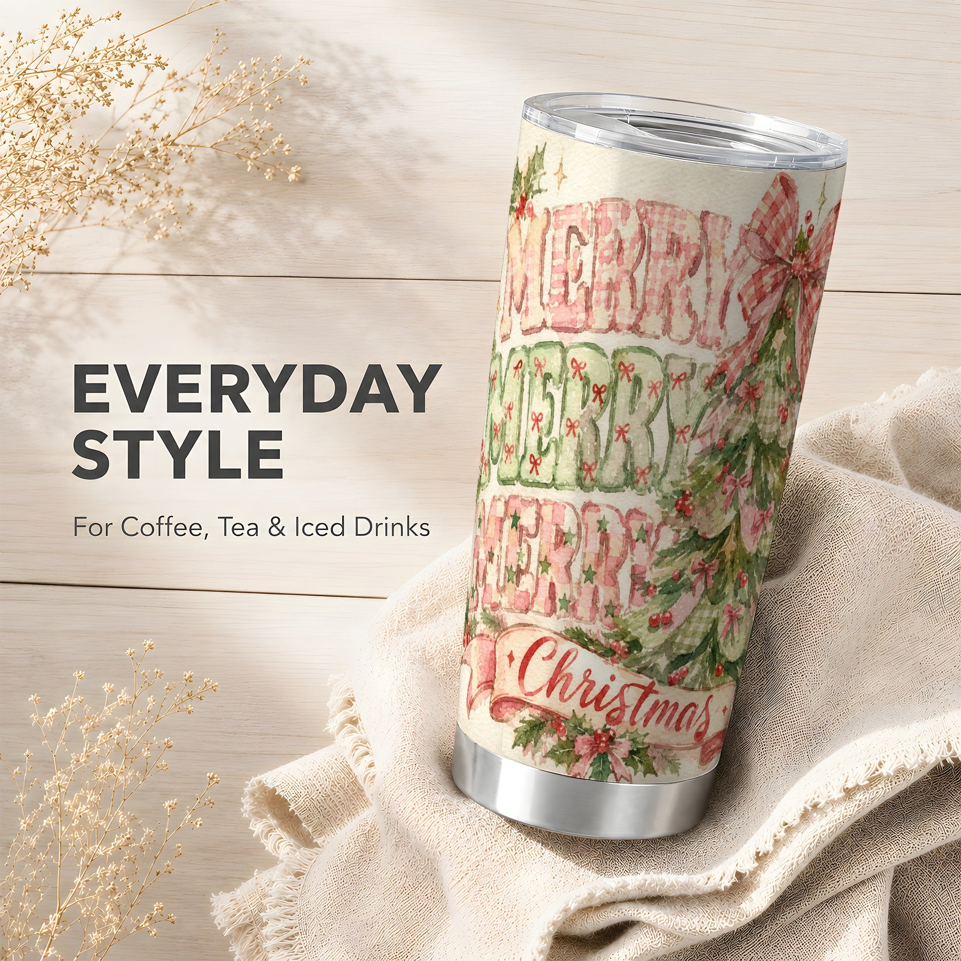 #pl[20oz|Steel] Pink Gingham Tree Tumbler 20oz, Holiday Tumbler, Stainless Steel Travel Cup