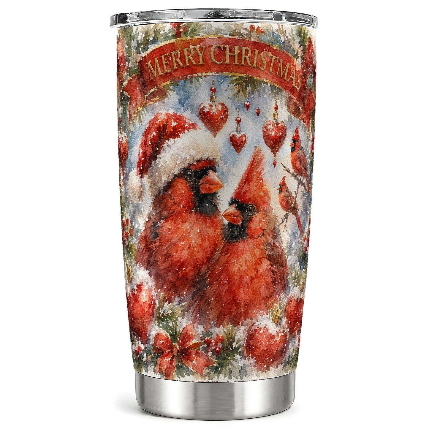 Christmas Cardinals Tumbler 20oz, Bird Tumbler, Stainless Steel Travel Cup