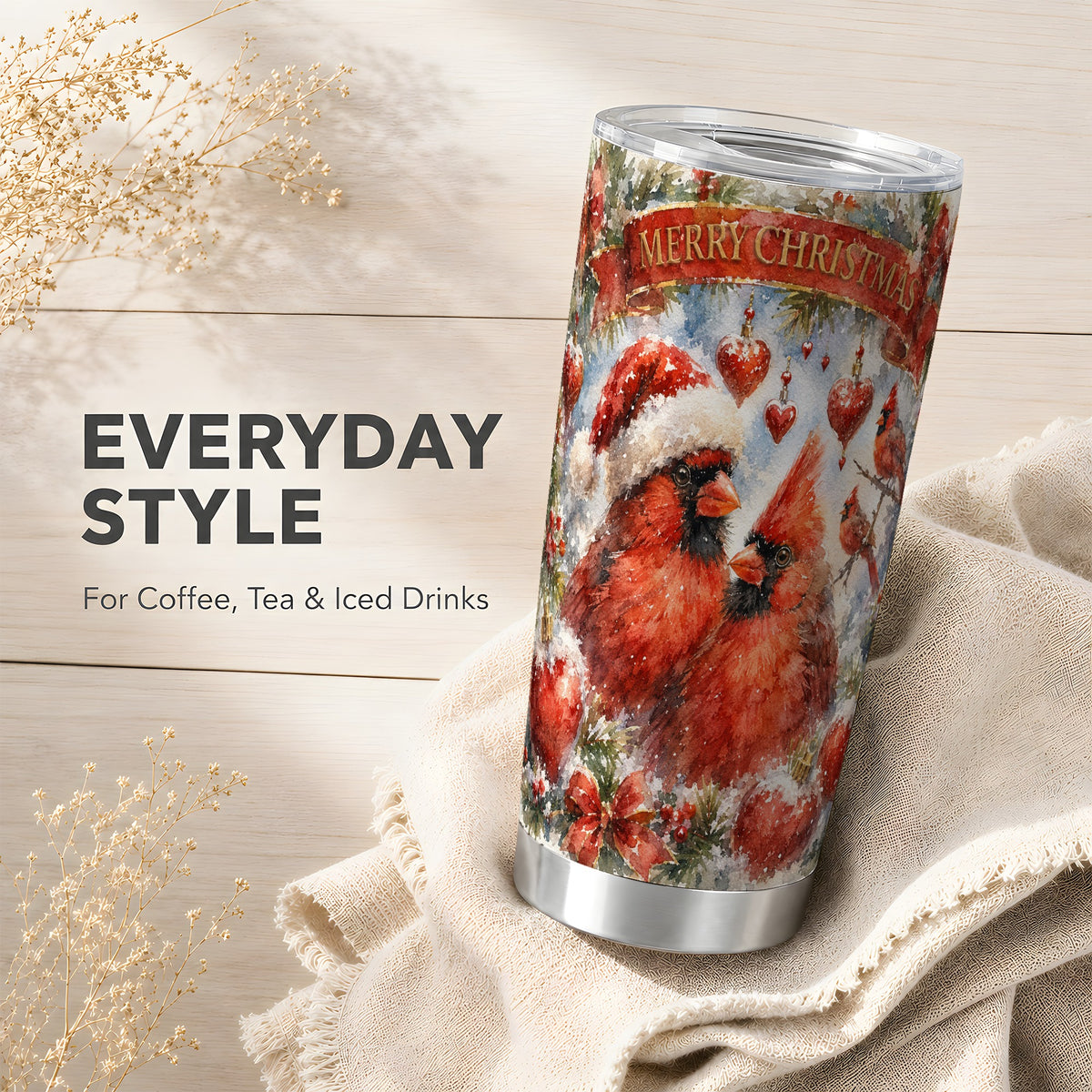 #pl[20oz|Steel] Christmas Cardinals Tumbler 20oz, Bird Tumbler, Stainless Steel Travel Cup