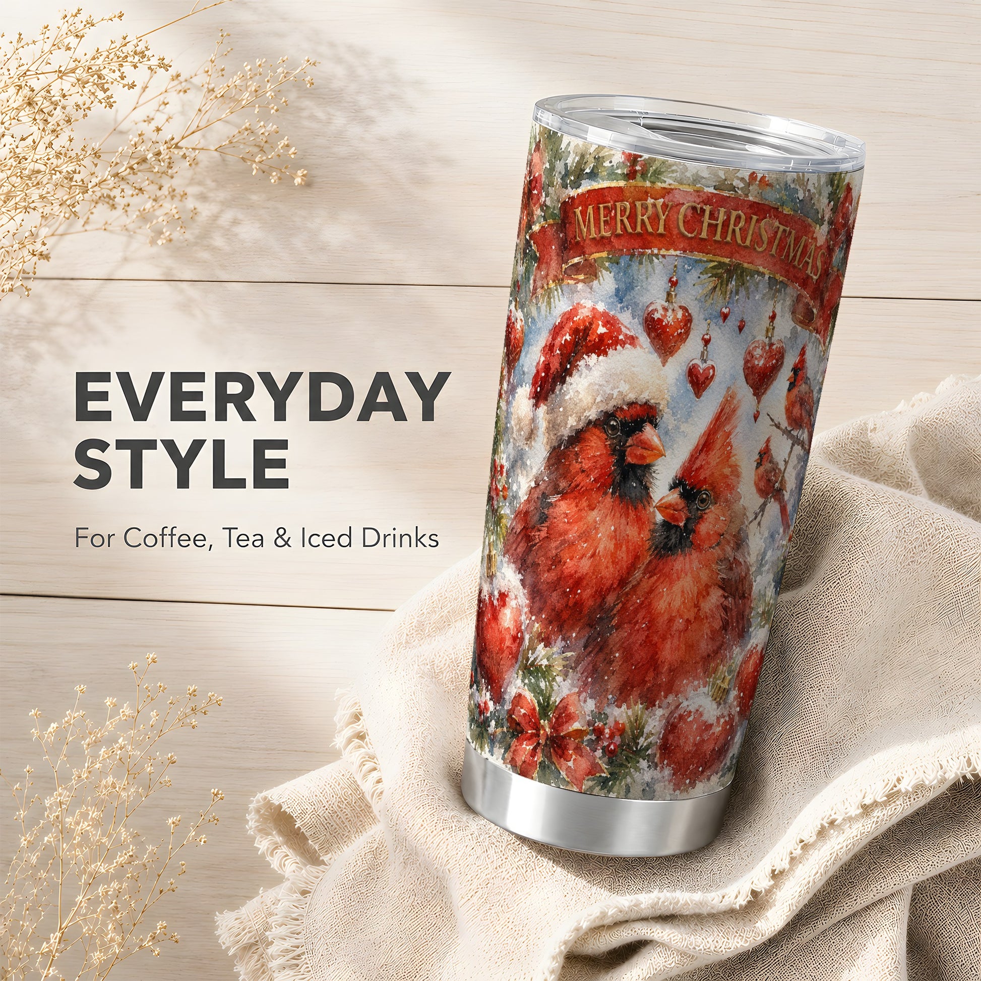 #pl[20oz|Steel] Christmas Cardinals Tumbler 20oz, Bird Tumbler, Stainless Steel Travel Cup