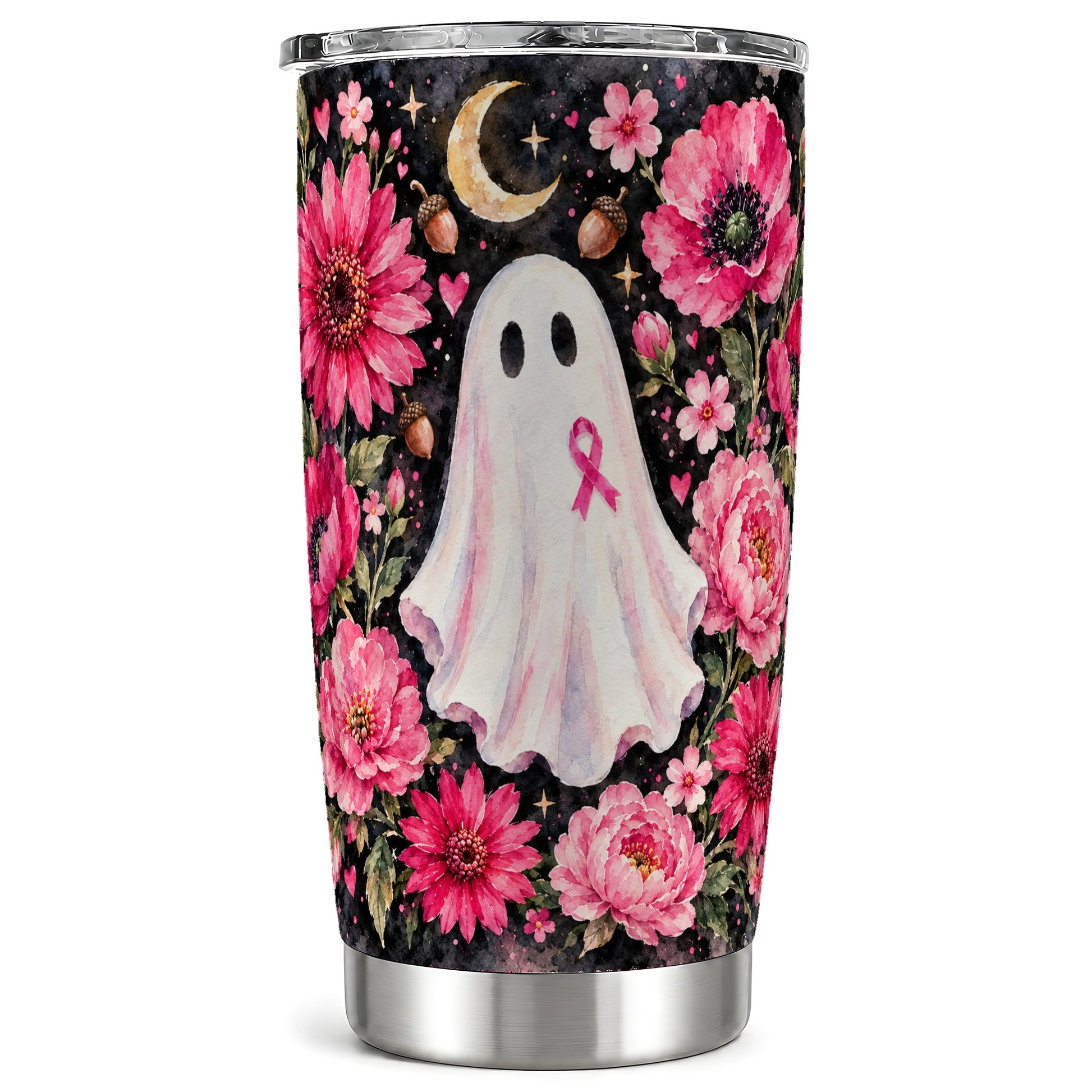 Pink Ghost Tumbler 20oz, Ribbon Tumbler, Stainless Steel Travel Cup