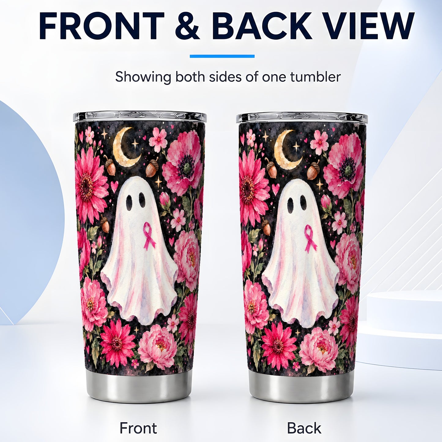 #pl[20oz|Steel] Pink Ghost Tumbler 20oz, Ribbon Tumbler, Stainless Steel Travel Cup