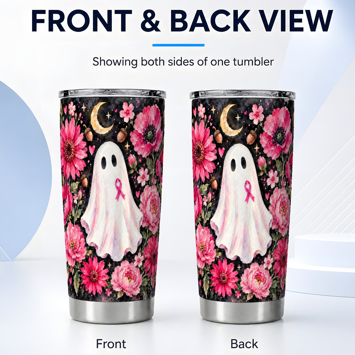 #pl[20oz|Steel] Pink Ghost Tumbler 20oz, Ribbon Tumbler, Stainless Steel Travel Cup
