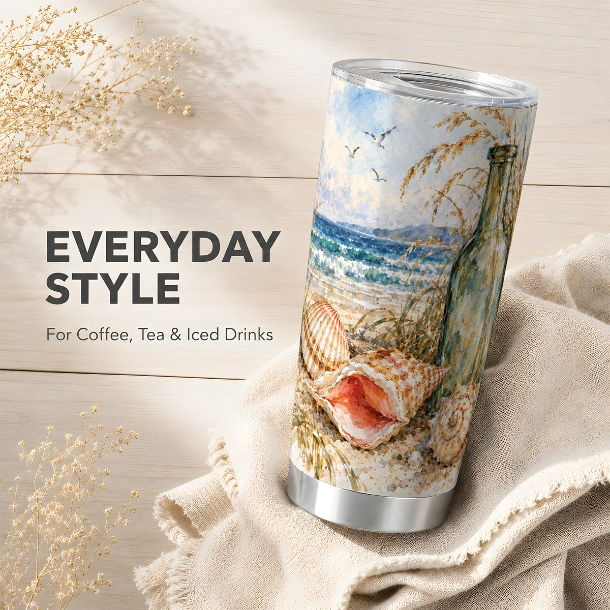 #pl[20oz|Steel] Seashell Tumbler 20oz, Coastal Bottle Tumbler, Stainless Steel Travel Cup