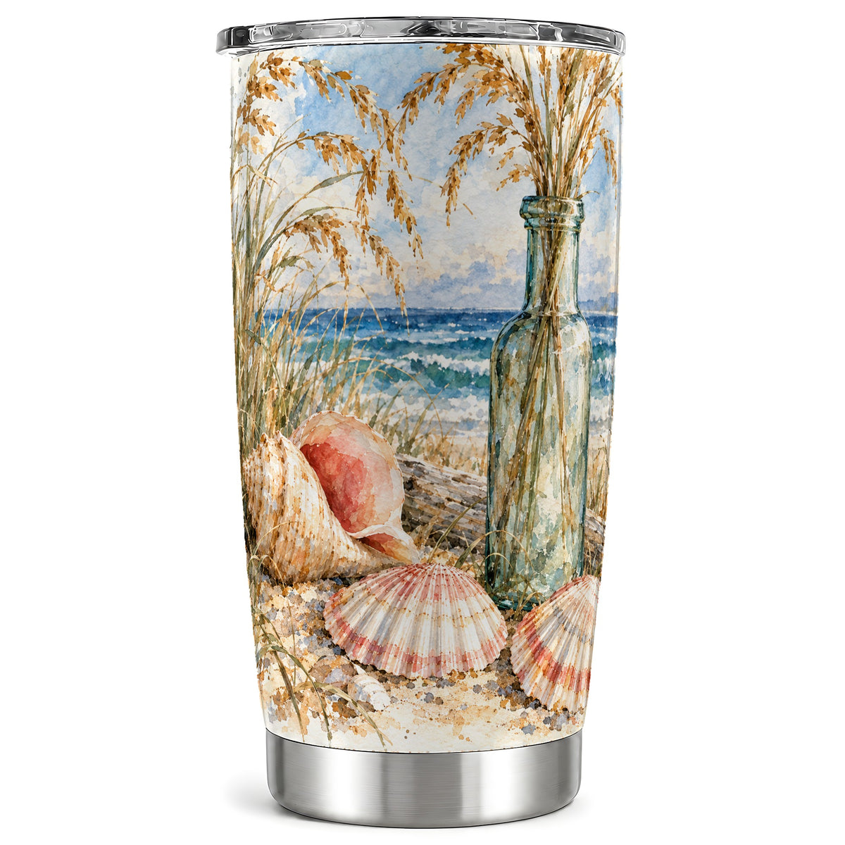 Watercolor Seashell Tumbler 20oz, Beach Tumbler, Stainless Steel Travel Cup