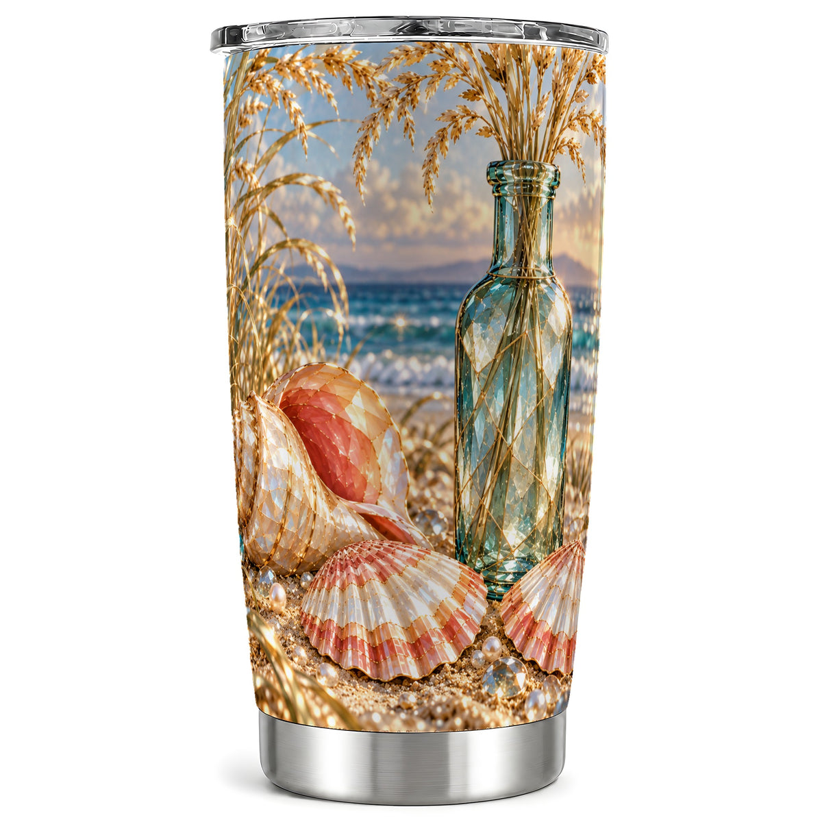 Sunset Seashell Tumbler 20oz, Beach Tumbler, Stainless Steel Travel Cup
