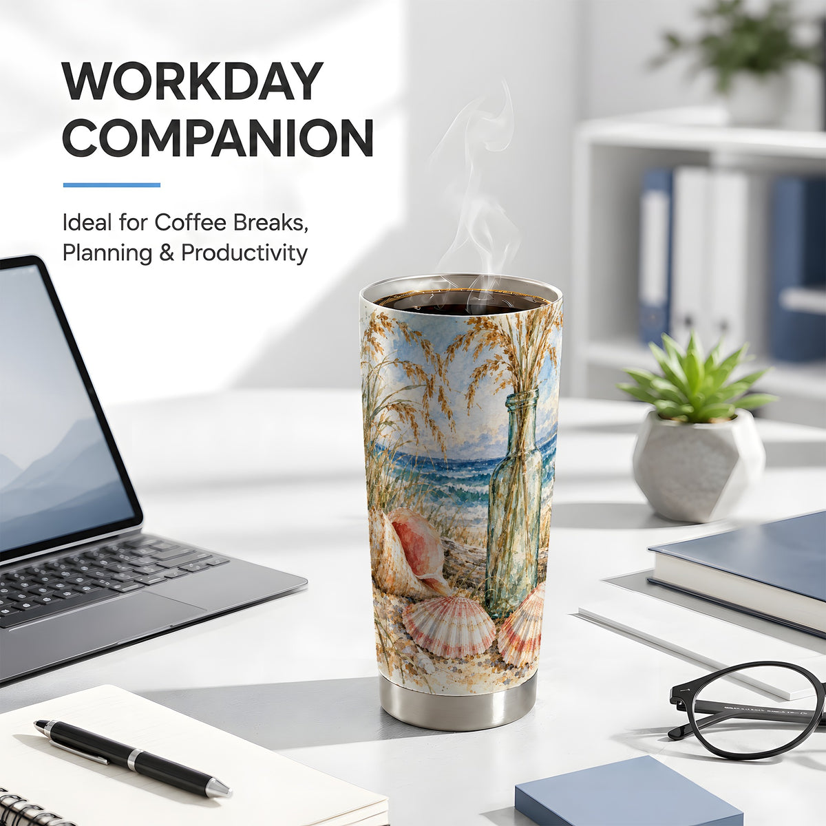 #pl[20oz|Steel] Watercolor Seashell Tumbler 20oz, Beach Tumbler, Stainless Steel Travel Cup