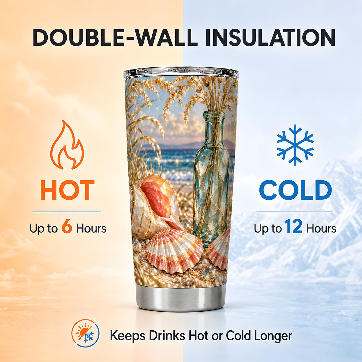 #pl[20oz|Steel] Sunset Seashell Tumbler 20oz, Beach Tumbler, Stainless Steel Travel Cup