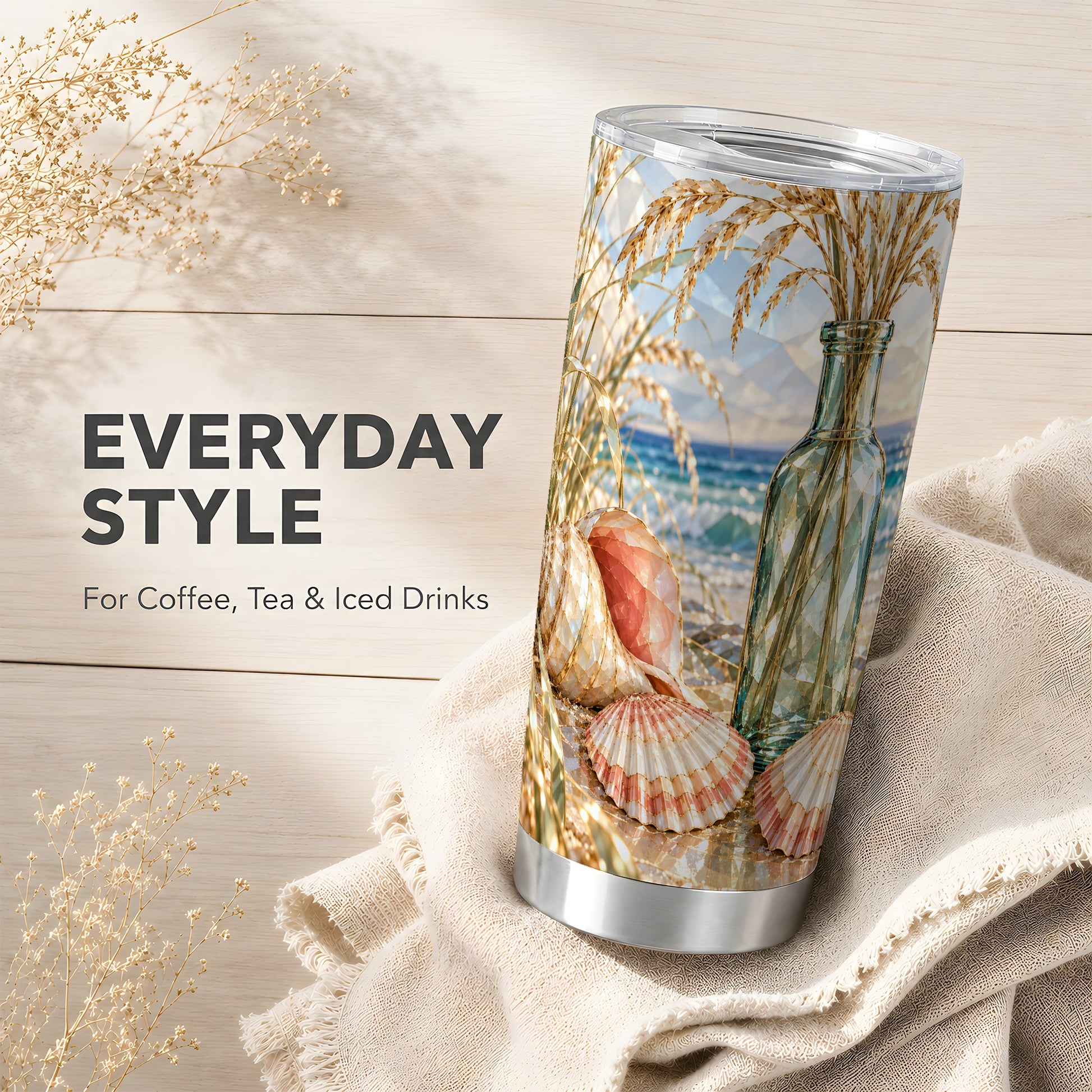 #pl[20oz|Steel] Faceted Seashell Tumbler 20oz, Ocean Tumbler, Stainless Steel Travel Cup