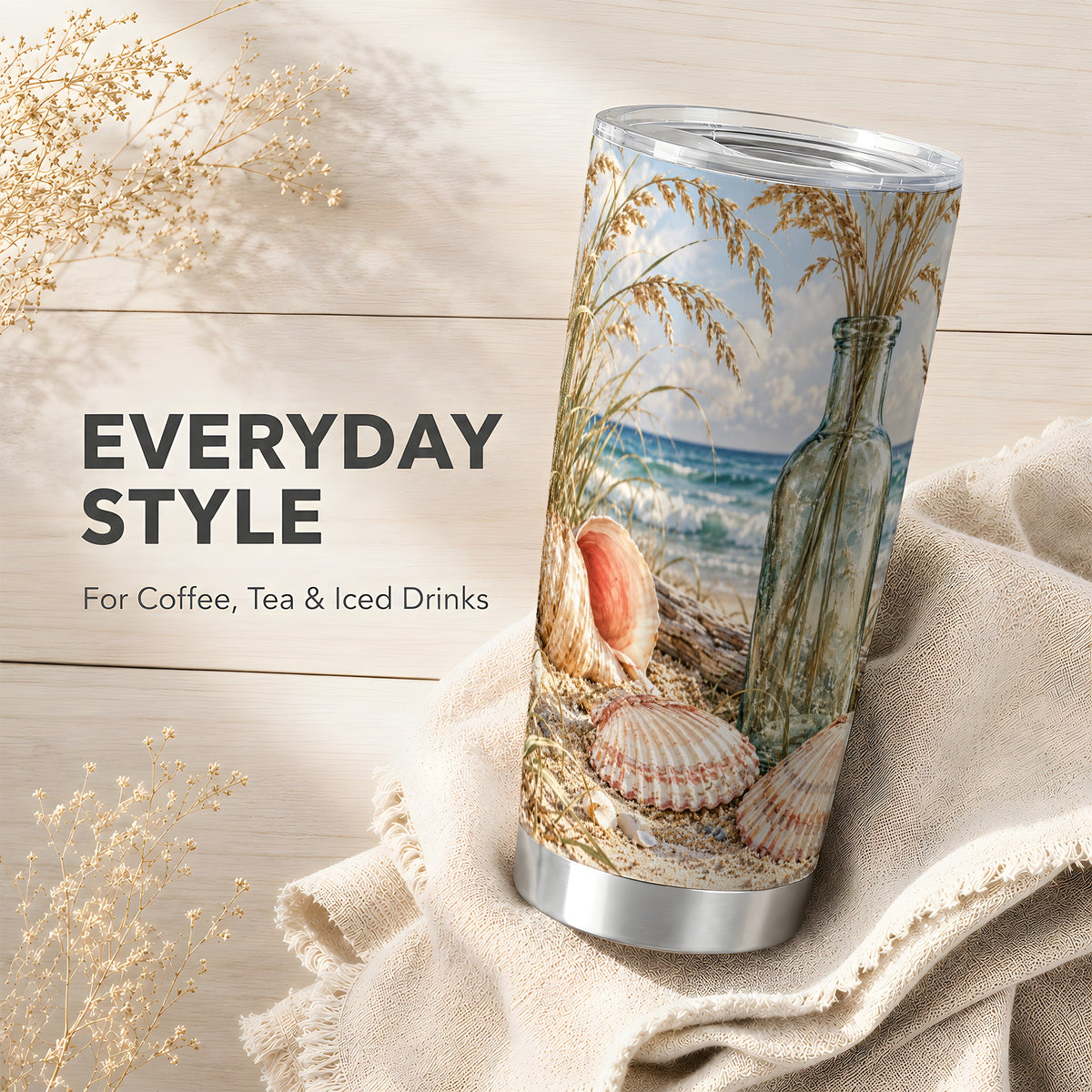 #pl[20oz|Steel] Sea Oats Seashell Tumbler 20oz, Coastal Tumbler, Stainless Steel Travel Cup