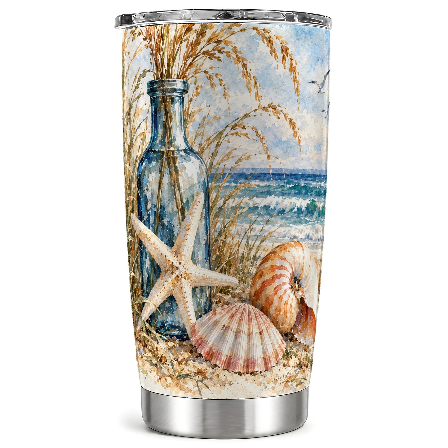 Watercolor Seashell Tumbler 20oz, Beach Tumbler, Stainless Steel Travel Cup