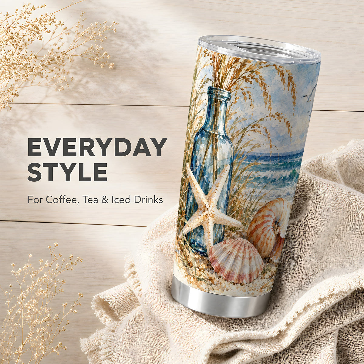 #pl[20oz|Steel] Watercolor Seashell Tumbler 20oz, Beach Tumbler, Stainless Steel Travel Cup