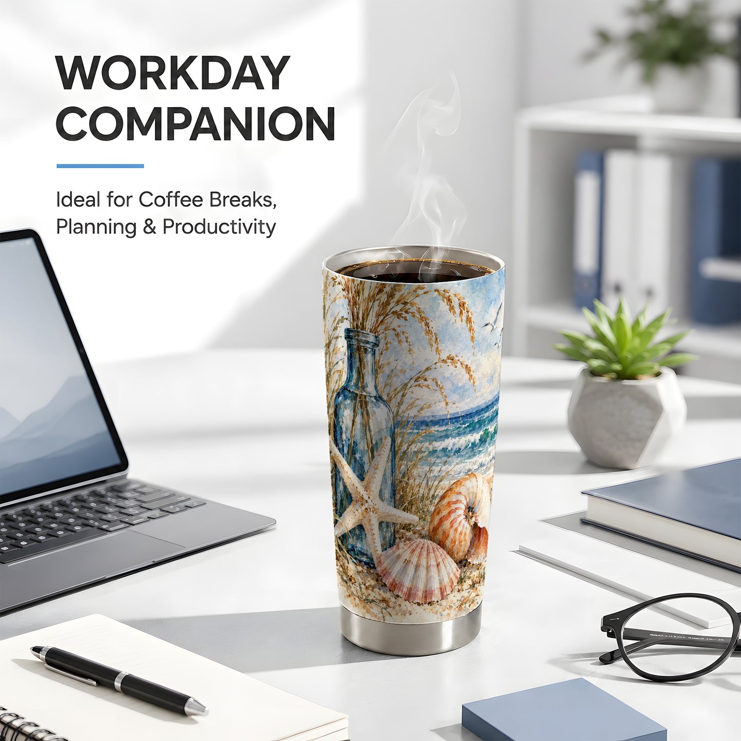 #pl[20oz|Steel] Watercolor Seashell Tumbler 20oz, Beach Tumbler, Stainless Steel Travel Cup