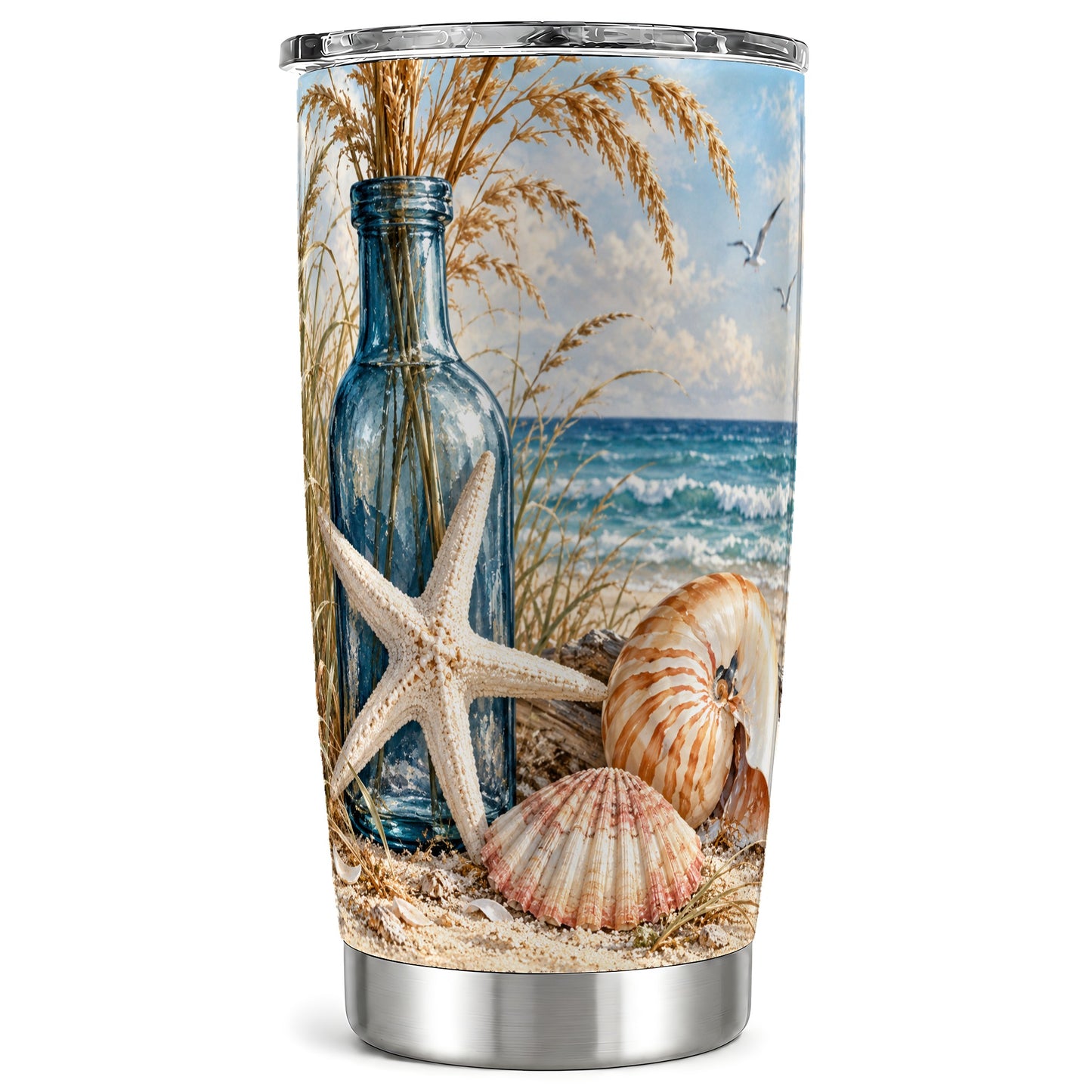 Beach Seashell Tumbler 20oz, Coastal Tumbler, Stainless Steel Travel Cup