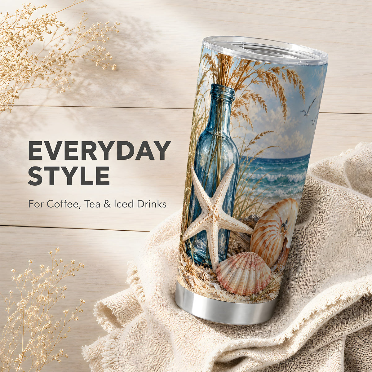 #pl[20oz|Steel] Beach Seashell Tumbler 20oz, Coastal Tumbler, Stainless Steel Travel Cup