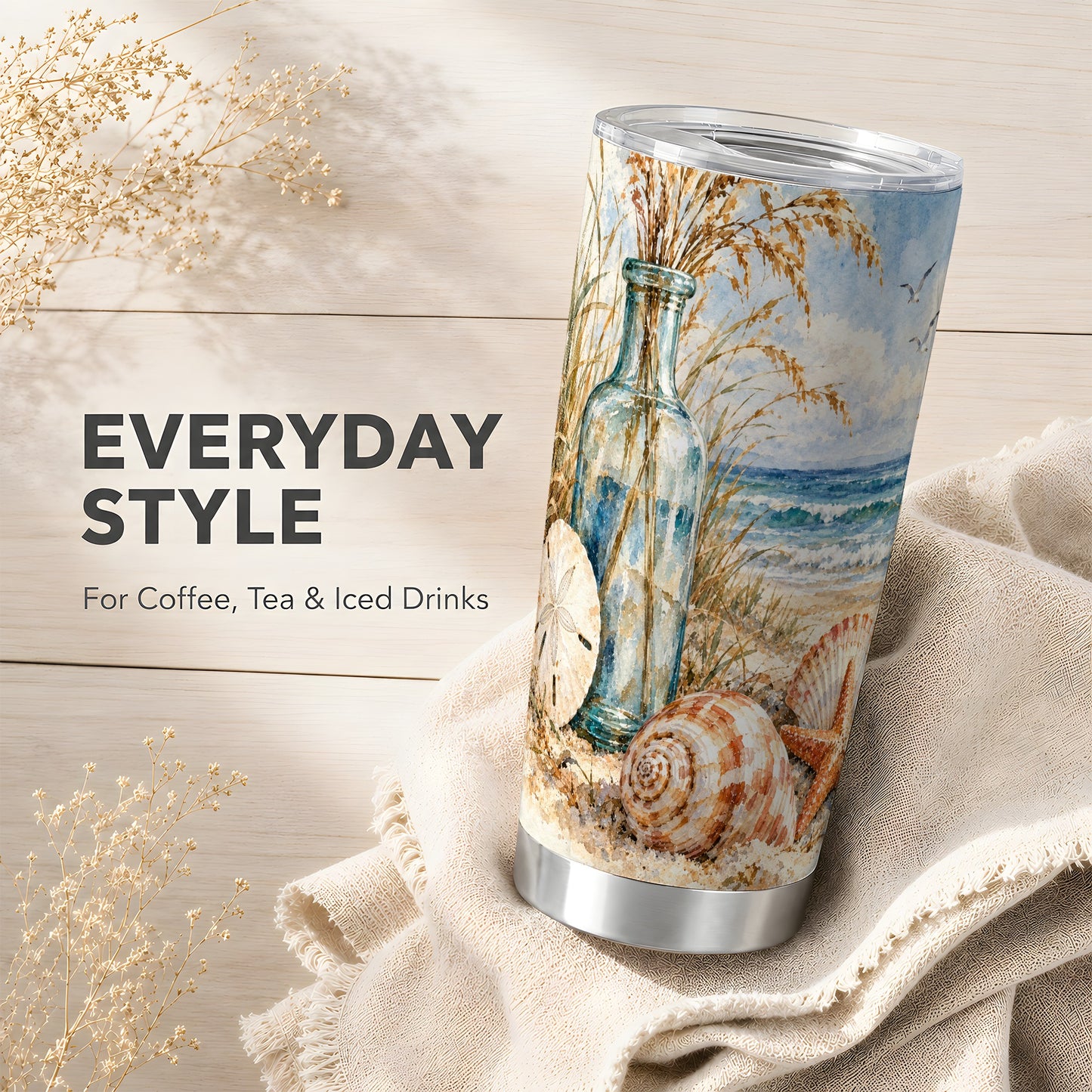 #pl[20oz|Steel] Watercolor Seashell Tumbler 20oz, Beach Tumbler, Stainless Steel Travel Cup