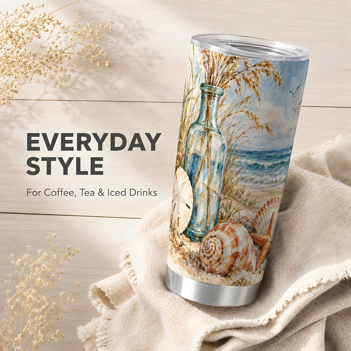 #pl[20oz|Steel] Watercolor Seashell Tumbler 20oz, Beach Tumbler, Stainless Steel Travel Cup