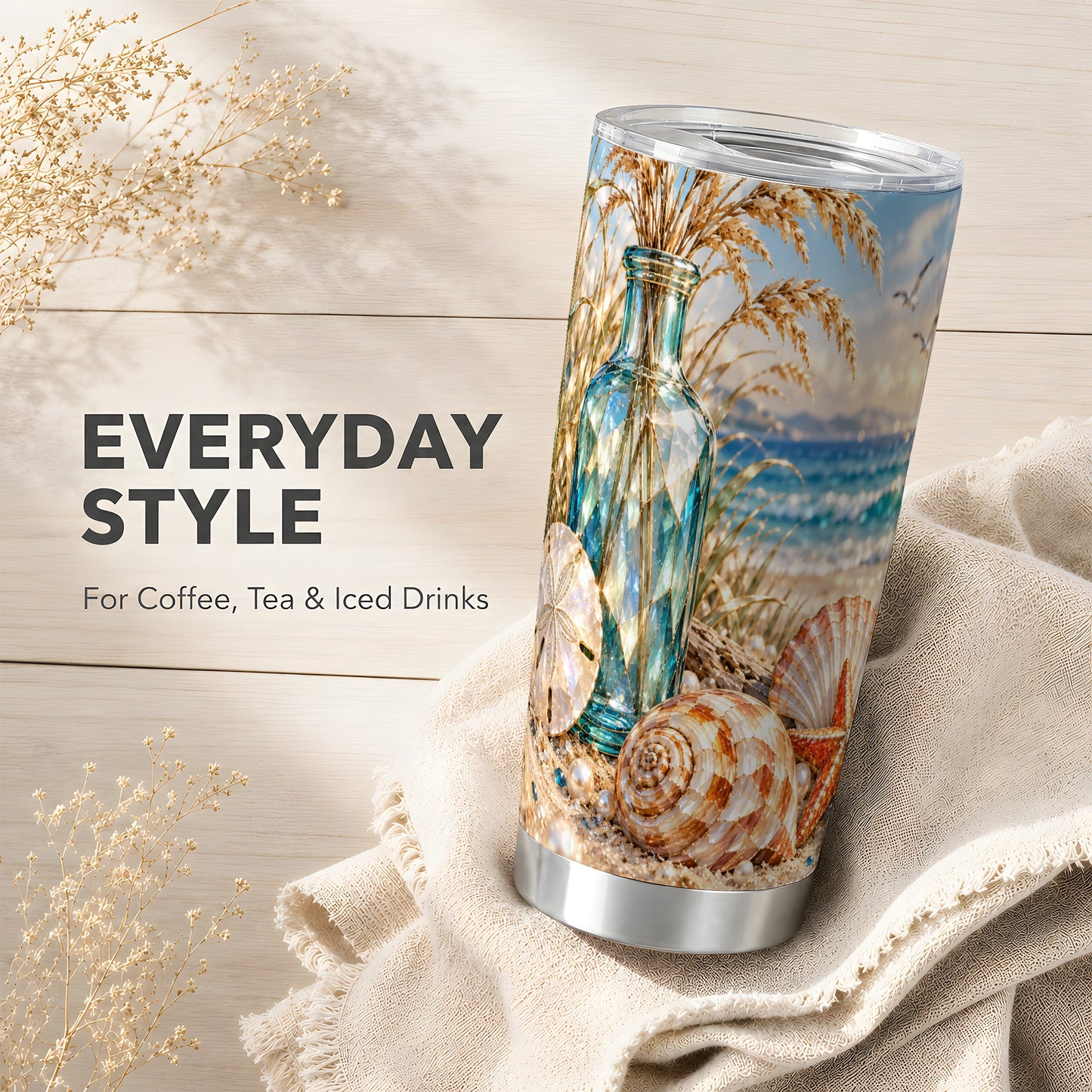 #pl[20oz|Steel] Faceted Seashell Tumbler 20oz, Coastal Tumbler, Stainless Steel Travel Cup