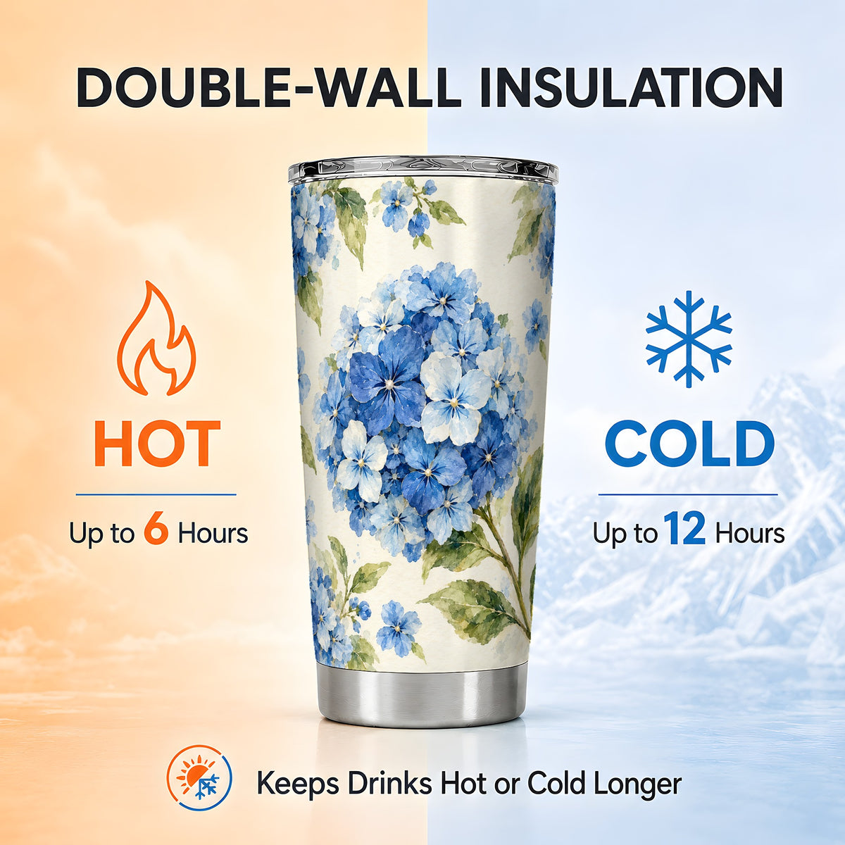 #pl[20oz|Steel] Blue Hydrangea Tumbler 20oz, 20oz Tumbler, Stainless Steel Travel Cup