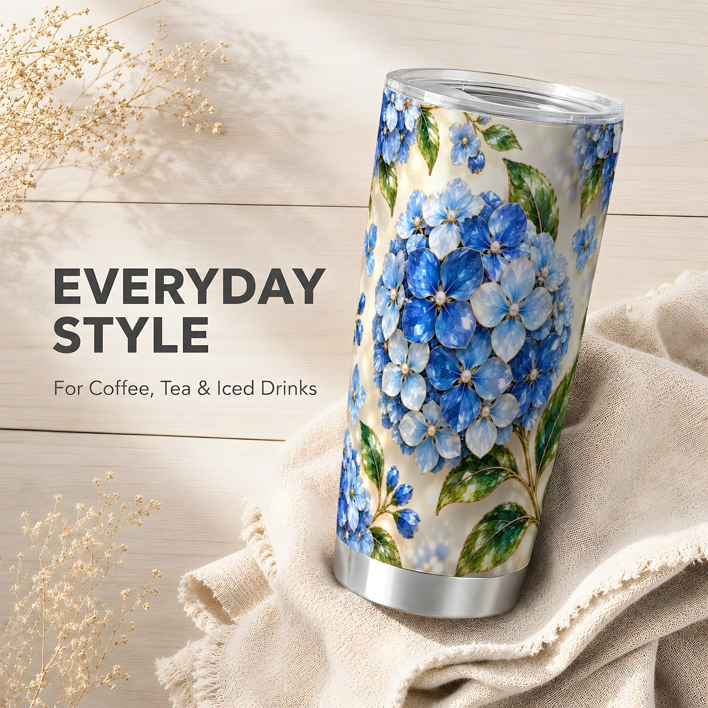 #pl[20oz|Steel] Jeweled Hydrangea Tumbler 20oz, 20oz Tumbler, Stainless Steel Travel Cup