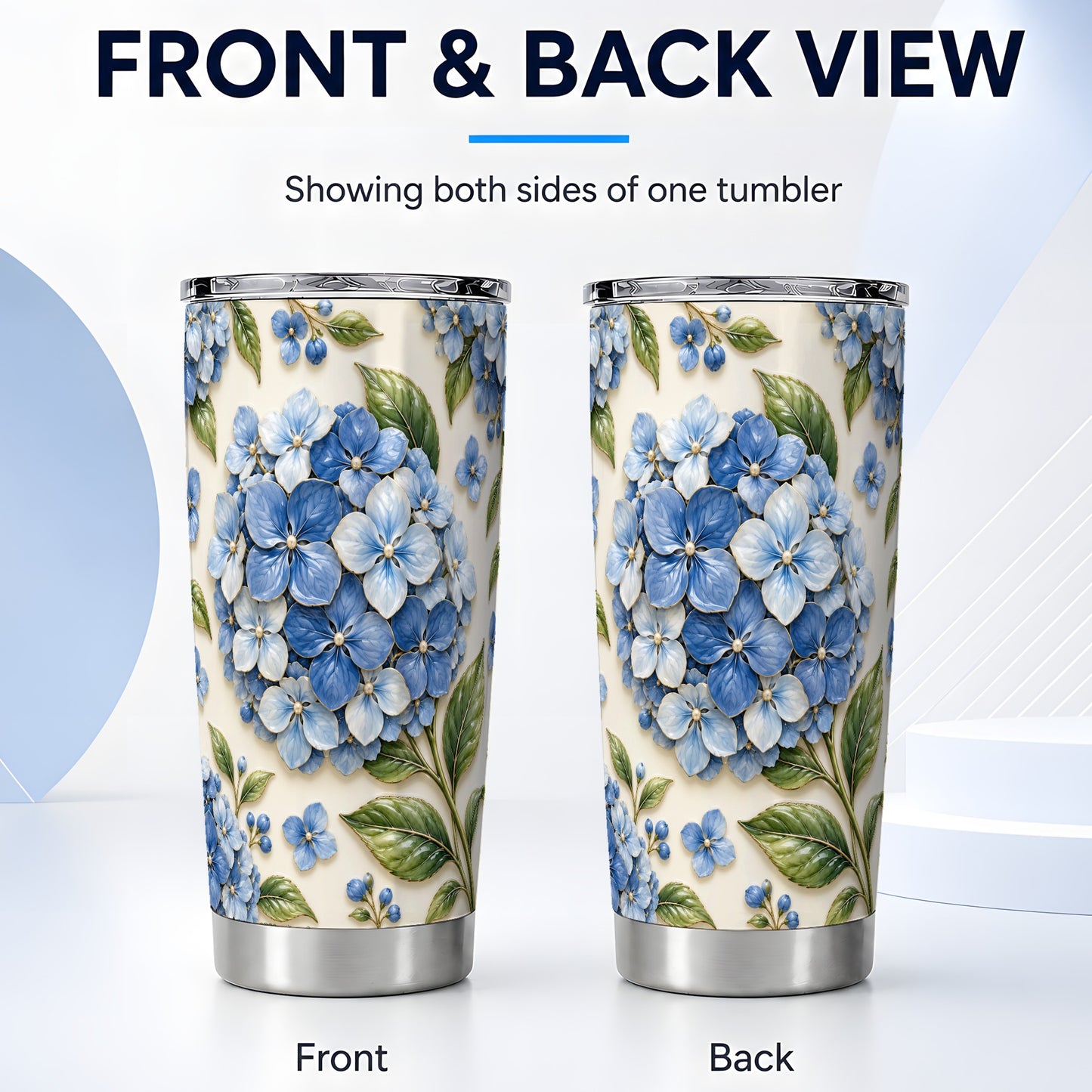 #pl[20oz|Steel] Blue Hydrangea Tumbler 20oz, Floral Tumbler, Stainless Steel Travel Cup