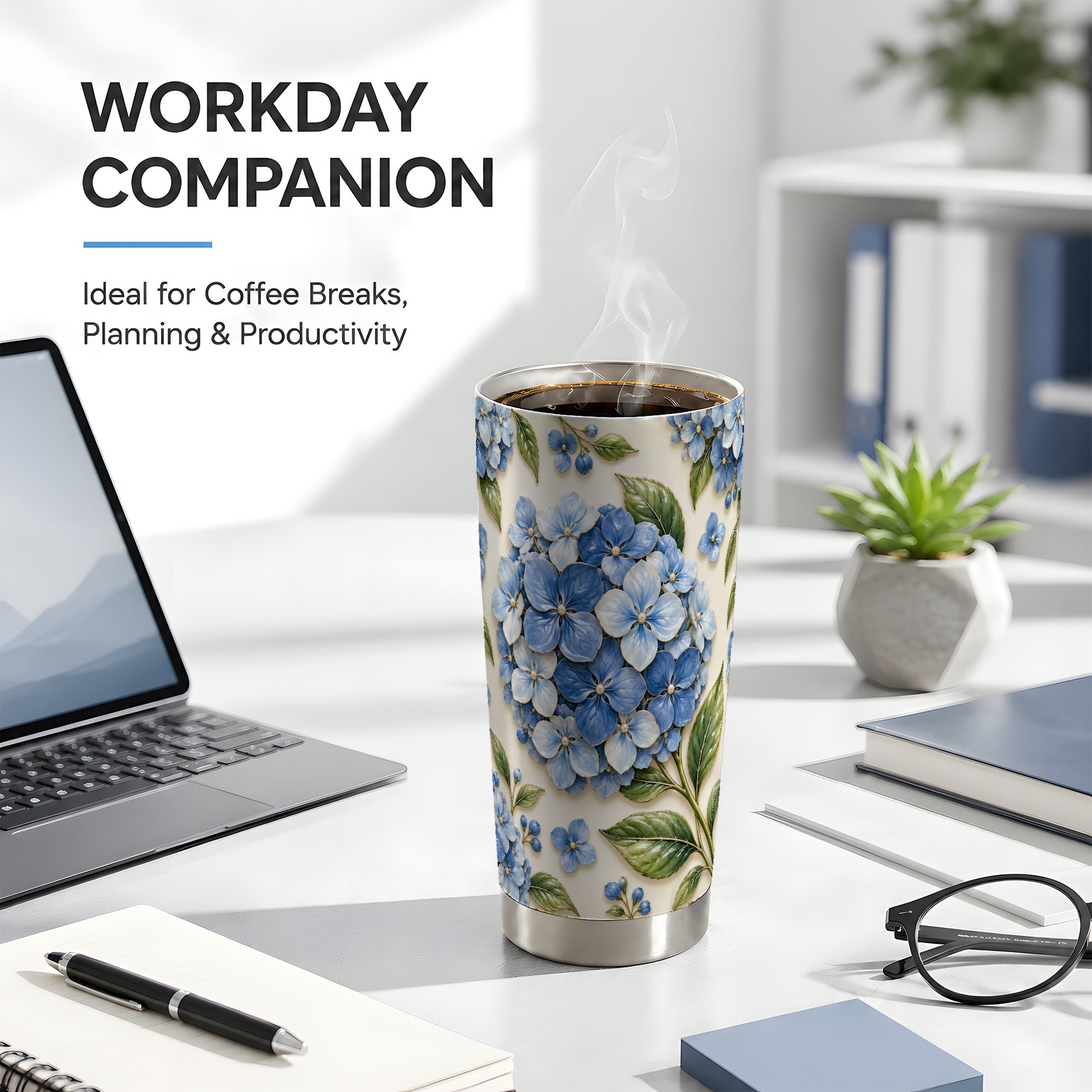 #pl[20oz|Steel] Blue Hydrangea Tumbler 20oz, Floral Tumbler, Stainless Steel Travel Cup