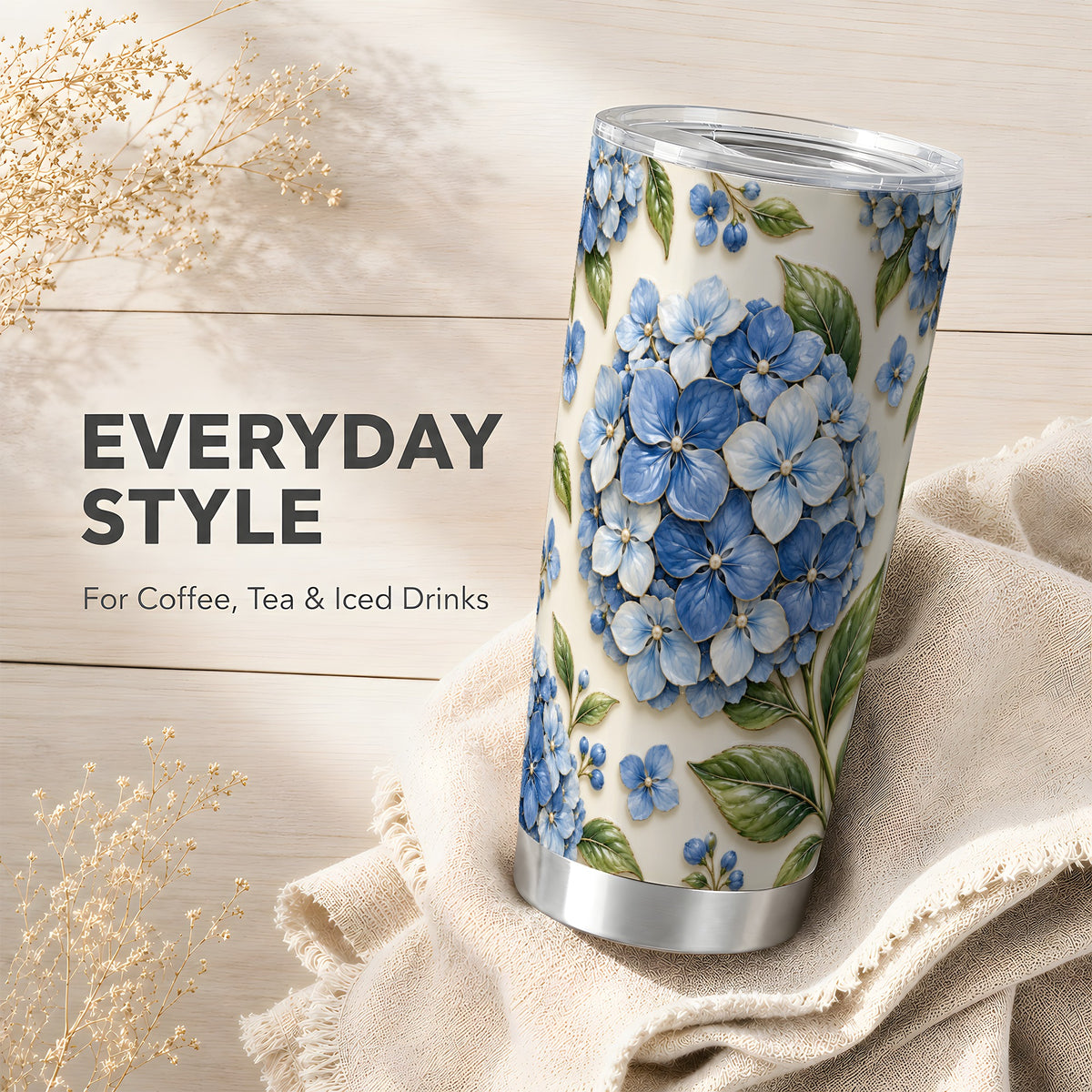 #pl[20oz|Steel] Blue Hydrangea Tumbler 20oz, Floral Tumbler, Stainless Steel Travel Cup