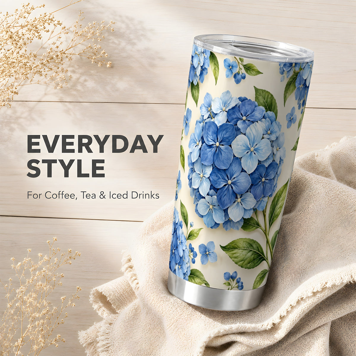 #pl[20oz|Steel] Blue Hydrangea Tumbler 20oz, Watercolor Tumbler, Stainless Steel Travel Cup