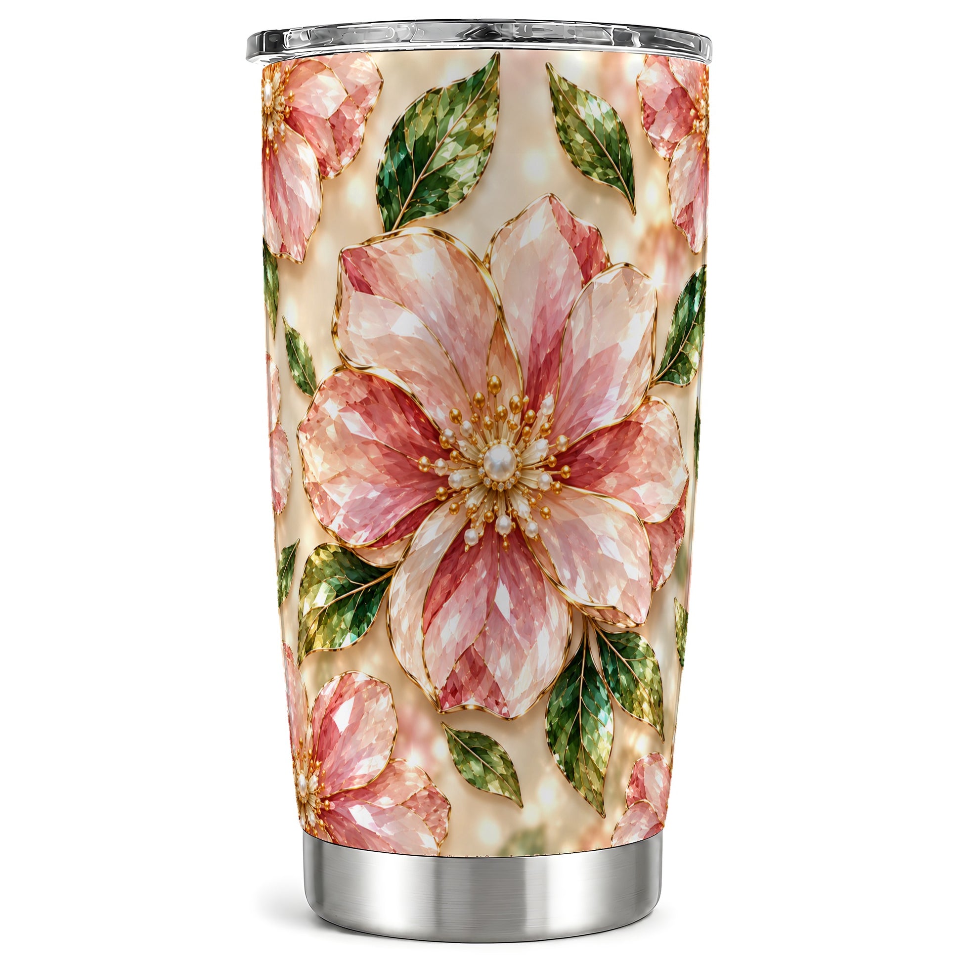 Pink Gemstone Tumbler 20oz, Floral Tumbler, Stainless Steel Travel Cup