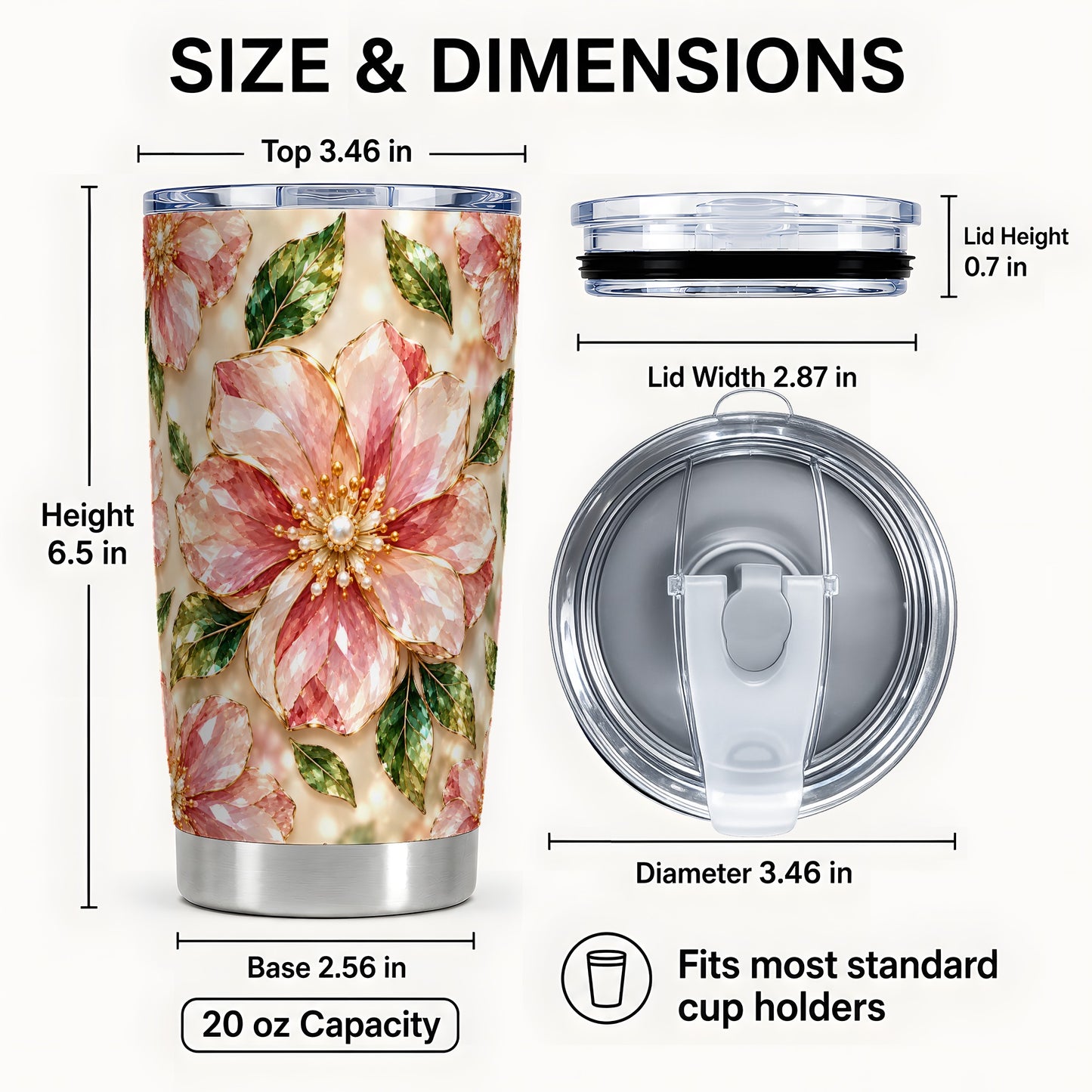 #pl[20oz|Steel] Pink Gemstone Tumbler 20oz, Floral Tumbler, Stainless Steel Travel Cup