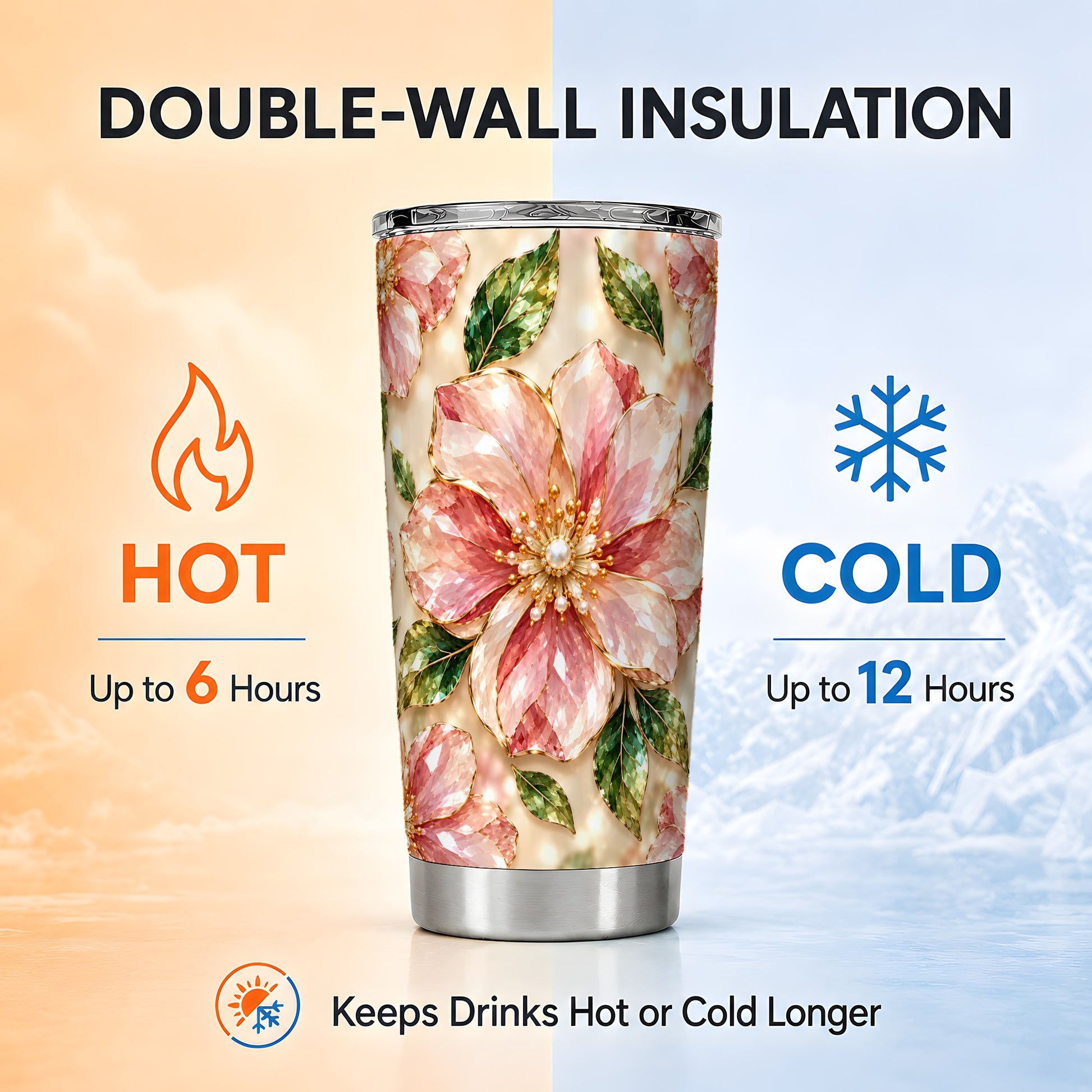 #pl[20oz|Steel] Pink Gemstone Tumbler 20oz, Floral Tumbler, Stainless Steel Travel Cup