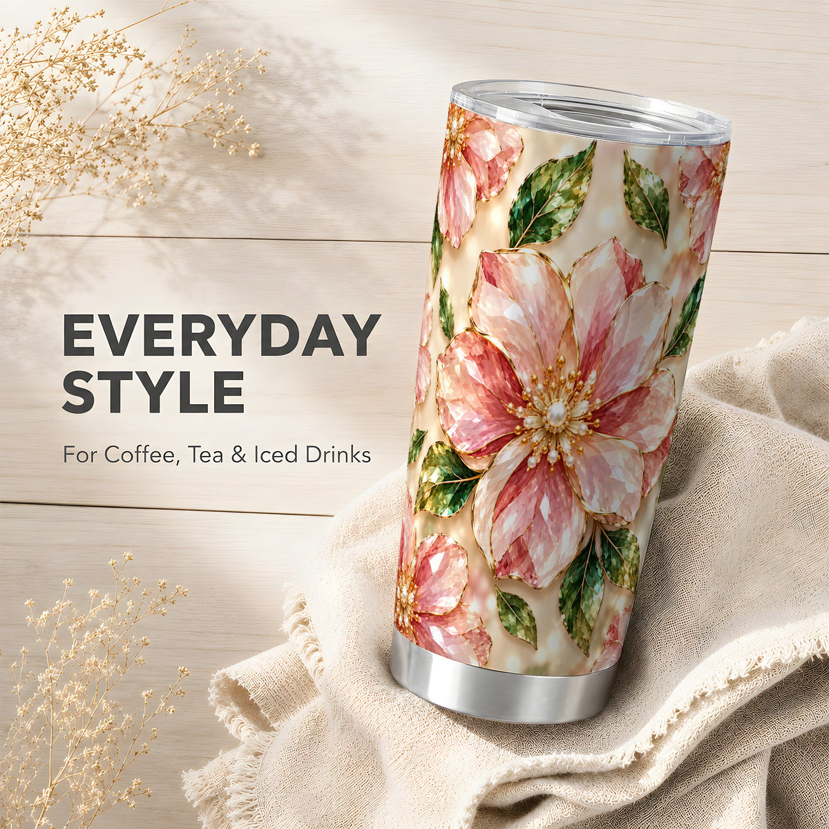 #pl[20oz|Steel] Pink Gemstone Tumbler 20oz, Floral Tumbler, Stainless Steel Travel Cup