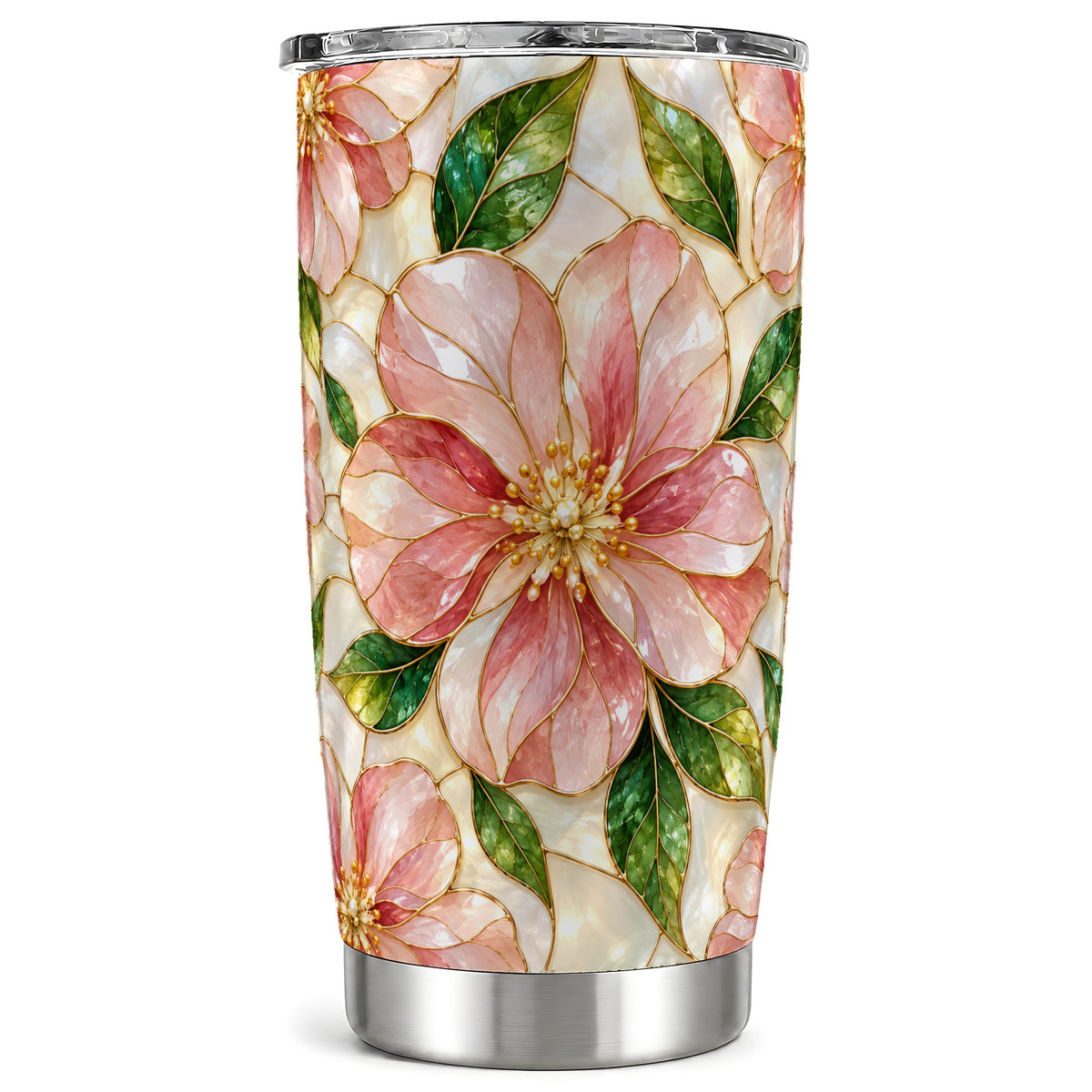 Pink Floral Tumbler 20oz, Glass Art Tumbler, Stainless Steel Travel Cup