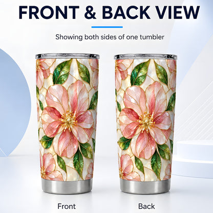 #pl[20oz|Steel] Pink Floral Tumbler 20oz, Glass Art Tumbler, Stainless Steel Travel Cup