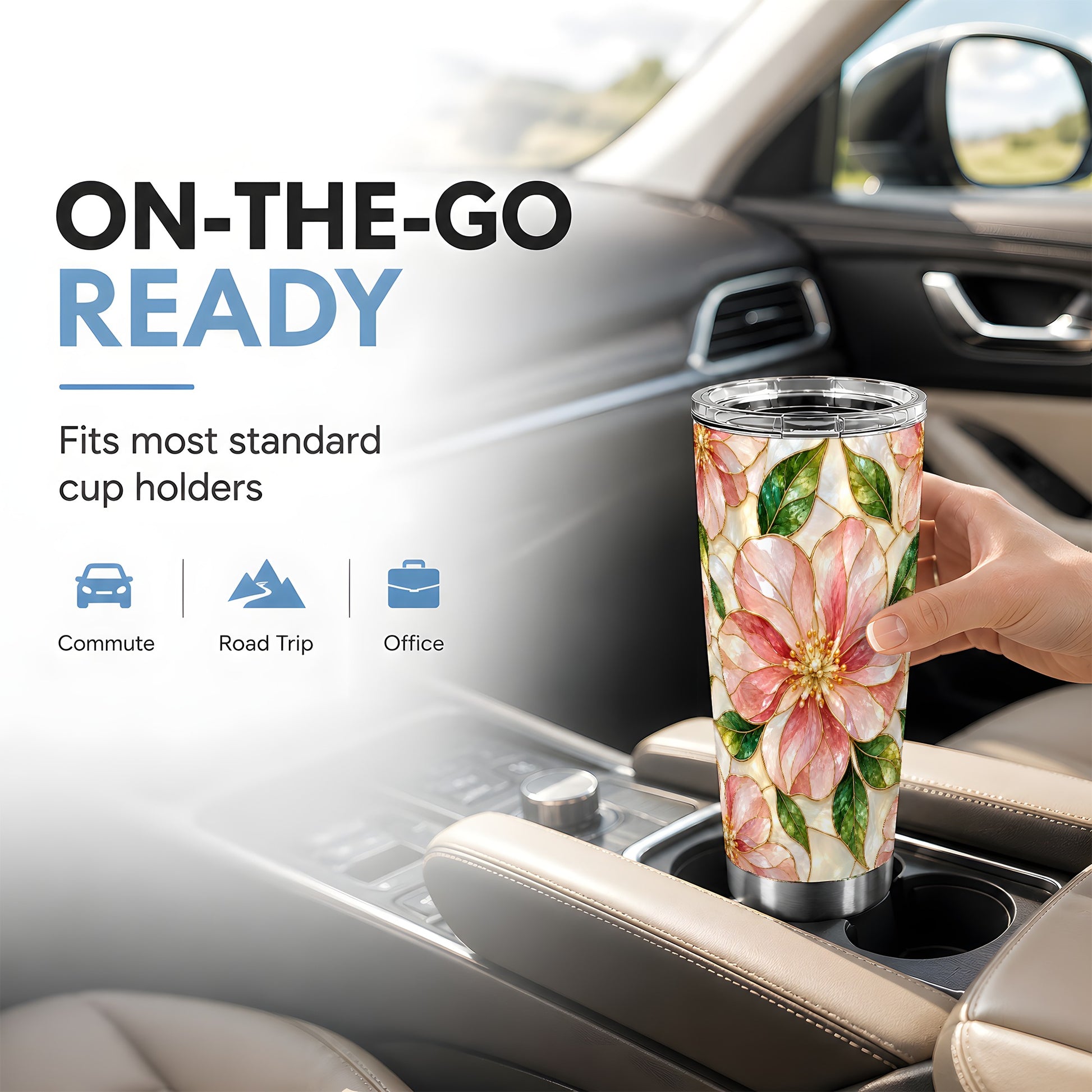 #pl[20oz|Steel] Pink Floral Tumbler 20oz, Glass Art Tumbler, Stainless Steel Travel Cup