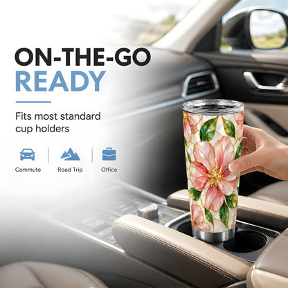 #pl[20oz|Steel] Pink Floral Tumbler 20oz, Glass Art Tumbler, Stainless Steel Travel Cup