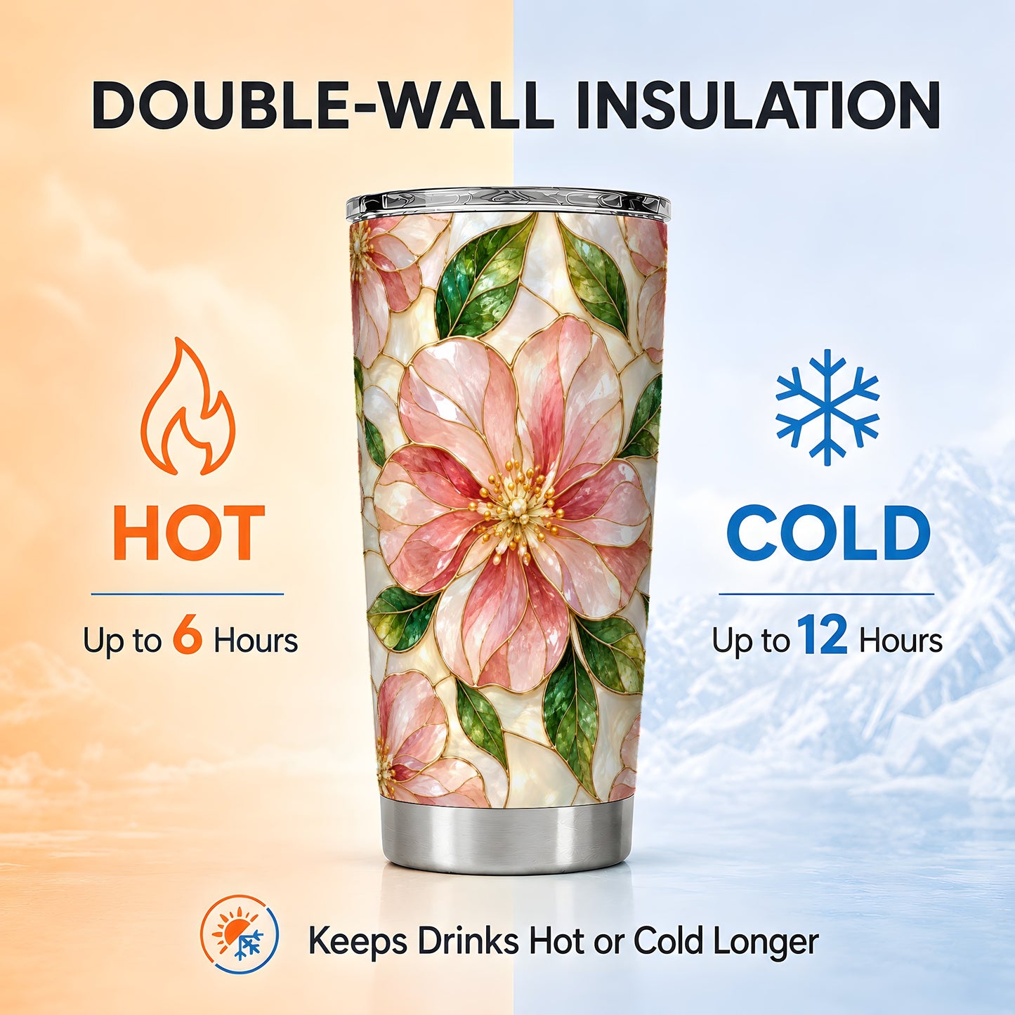 #pl[20oz|Steel] Pink Floral Tumbler 20oz, Glass Art Tumbler, Stainless Steel Travel Cup