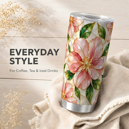 #pl[20oz|Steel] Pink Floral Tumbler 20oz, Glass Art Tumbler, Stainless Steel Travel Cup
