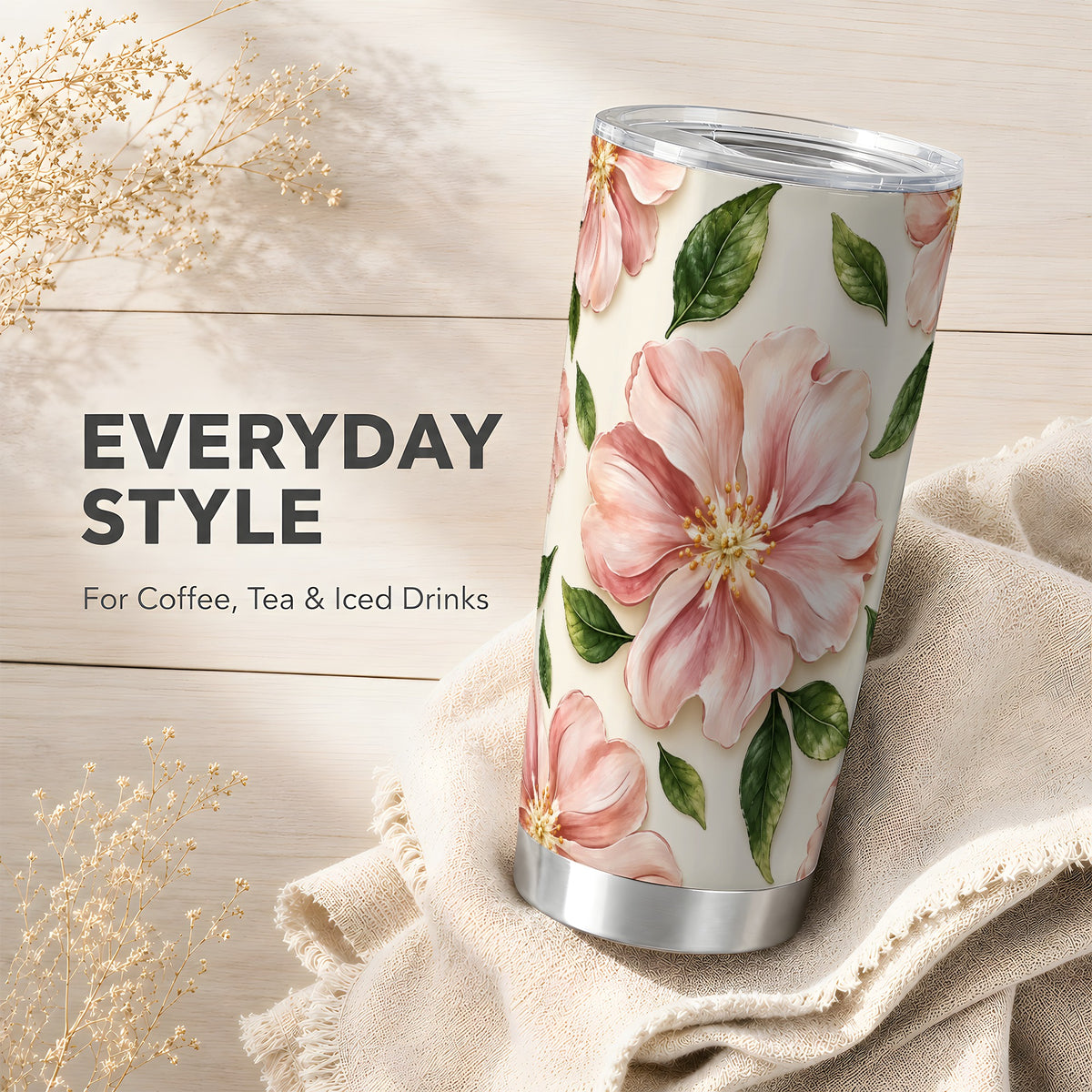 #pl[20oz|Steel] Pink Floral Tumbler 20oz, Botanical Tumbler, Stainless Steel Travel Cup