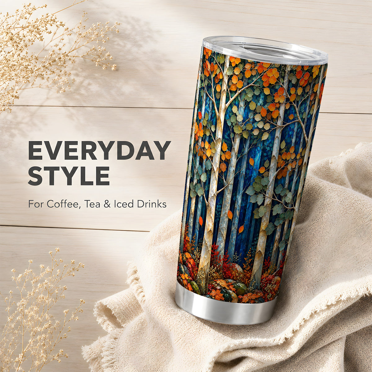 #pl[20oz|Steel] Blue Birch Forest Tumbler 20oz, Autumn Tumbler, Stainless Steel Travel Cup
