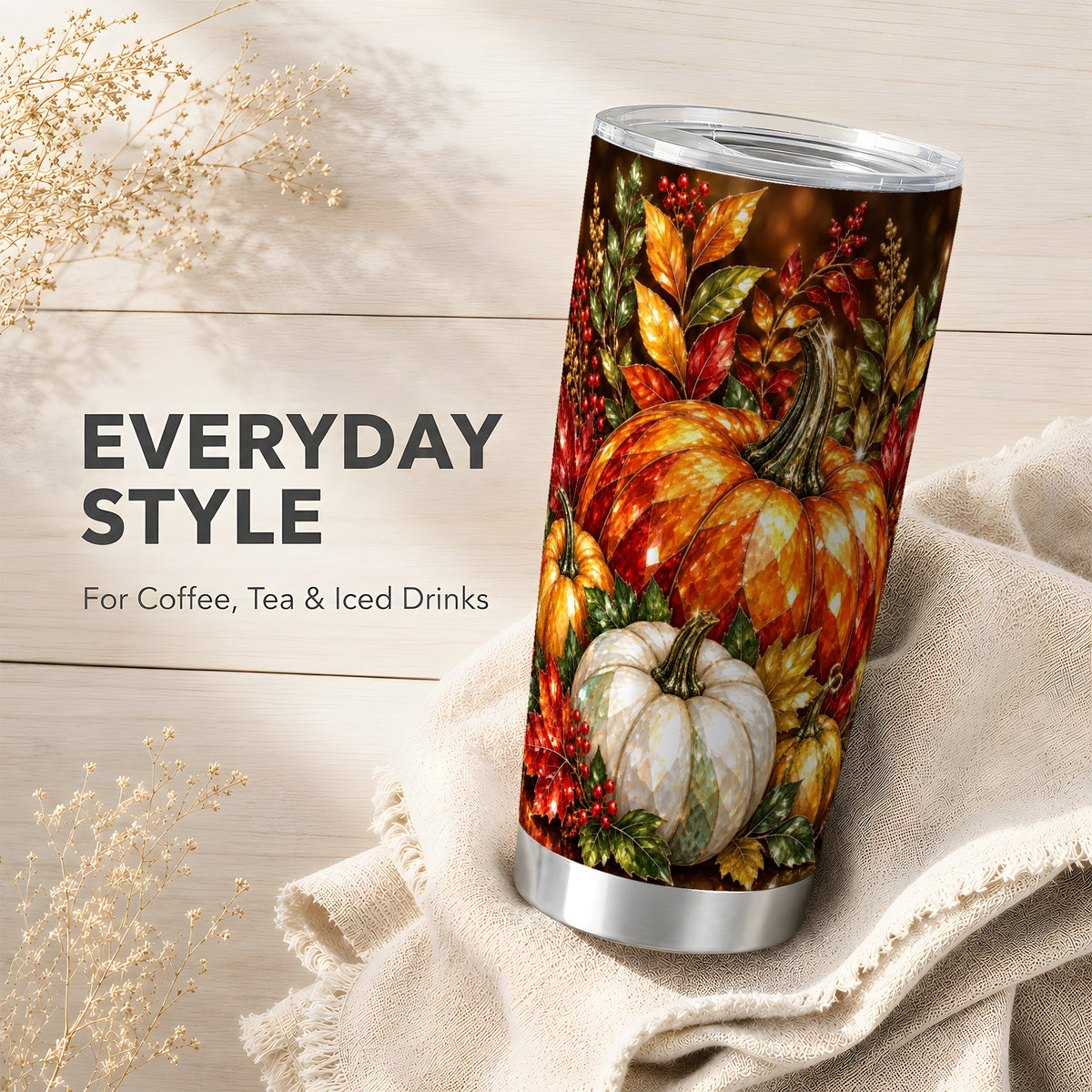 #pl[20oz|Steel] Pumpkin Tumbler 20oz, Harvest Leaves Tumbler, Stainless Steel Travel Cup